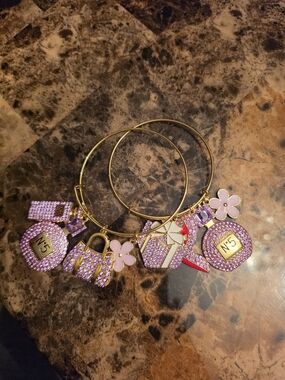Handmade Gold Bangle Bracelet with Purple Crystal Charms